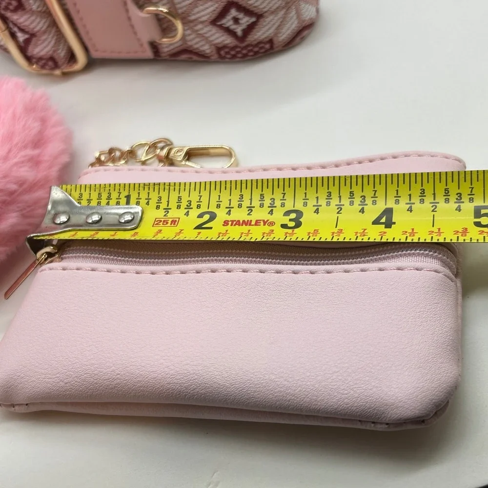 Clip and Go Set Light Pink Coin Purse Heart Keychain Woven Strap Gold
